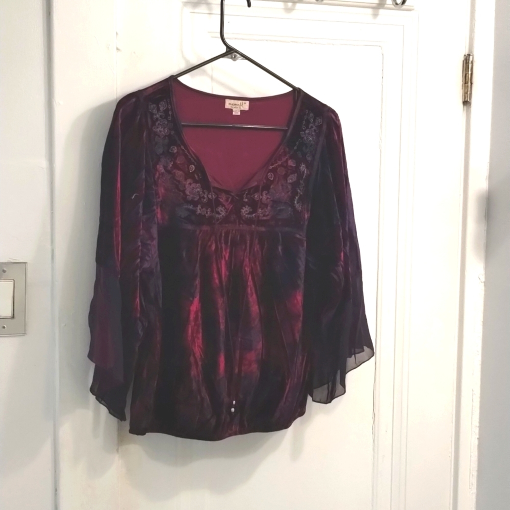 Velvety, paisley embroidered, floral print peasant top with flowy half sleeves
